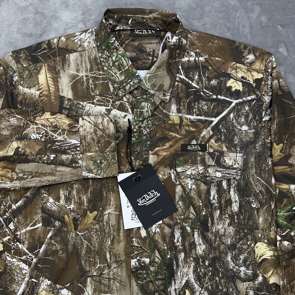 VON DUTCH Shirt Long Sleeve Button Down Men's‎ Large Realtree Camo Stretch NWT